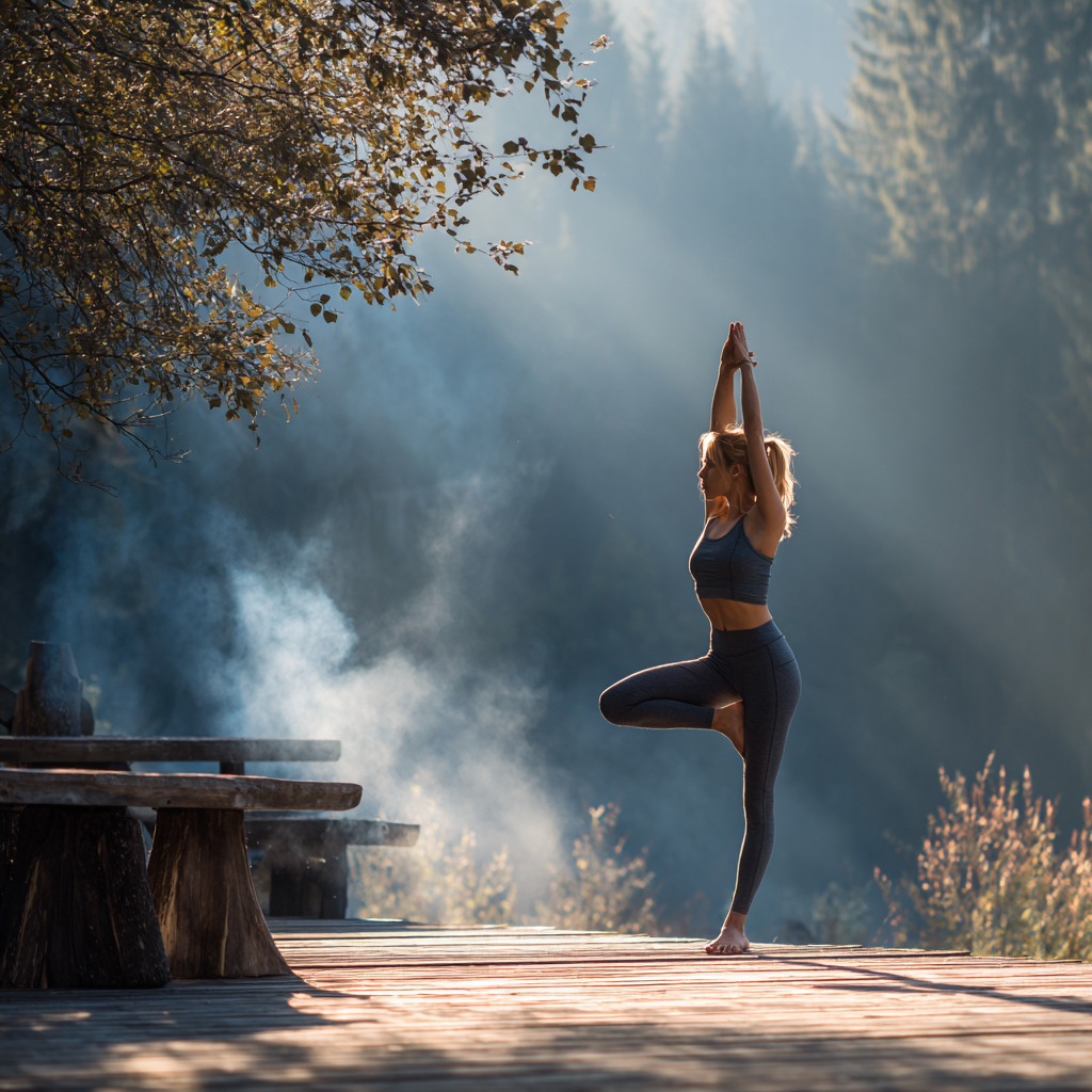 Жена практикуваща йога в спокойна обстановка